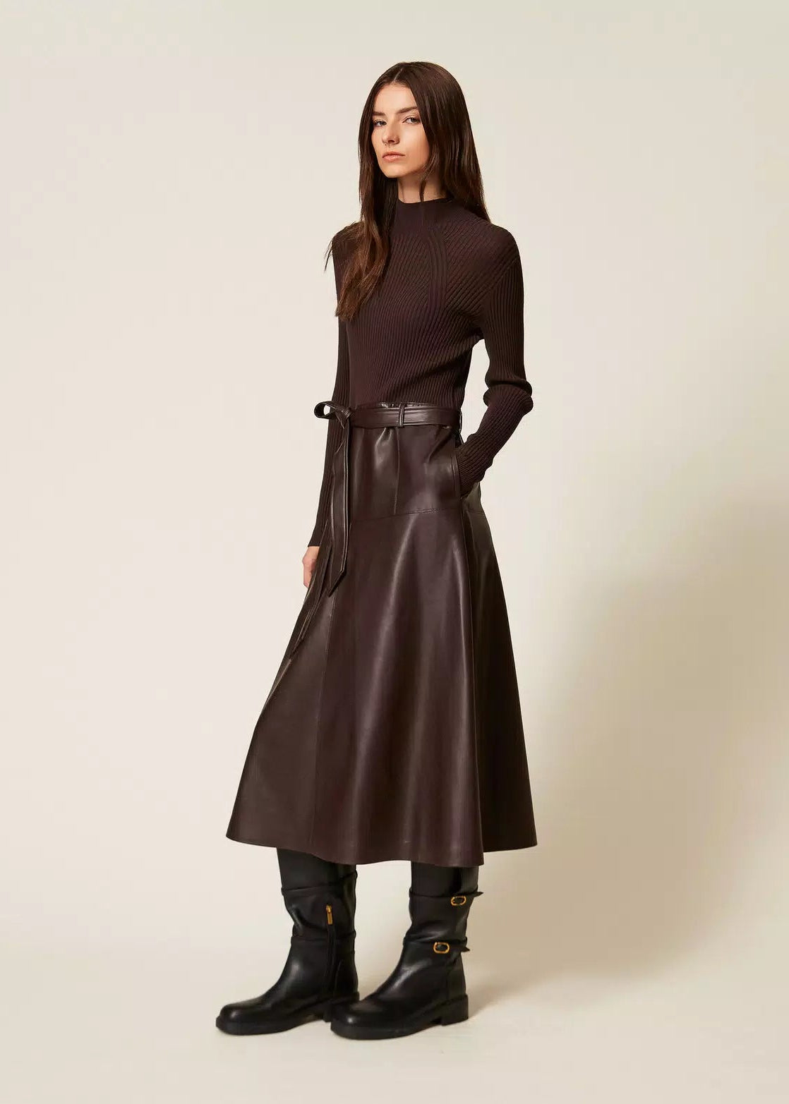 Twinset Faux Leather Rib Knit Dress Chocolate