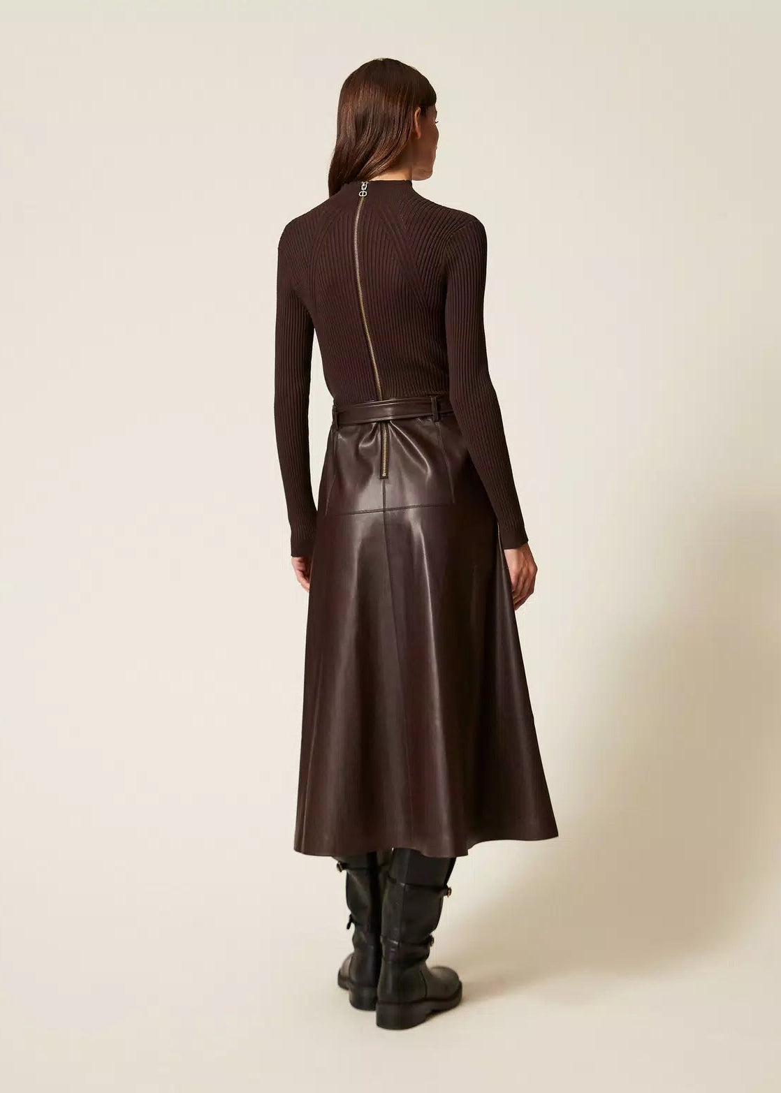 Twinset Faux Leather Rib Knit Dress Chocolate