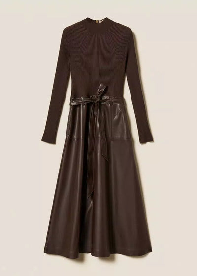Twinset Faux Leather Rib Knit Dress Chocolate