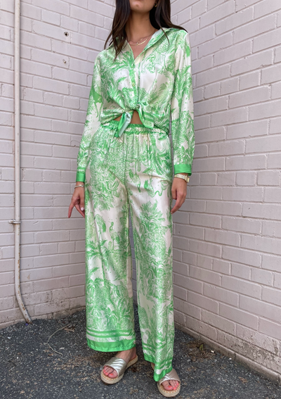 The Pink Door Silky Tropical Print Pant - Green