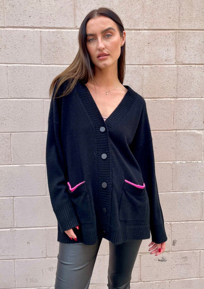 Brodie Western “Love” Cashmere Cardigan - Black/Barbie Pink