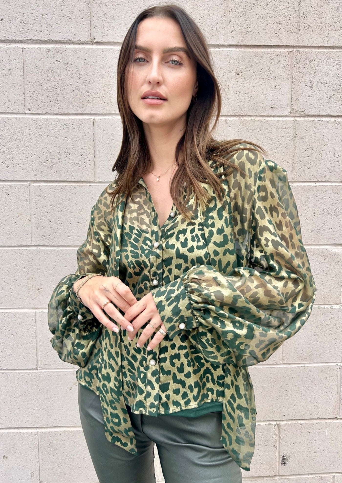The Pink Door Leopard Print Bow Blouse - Olive/Gold