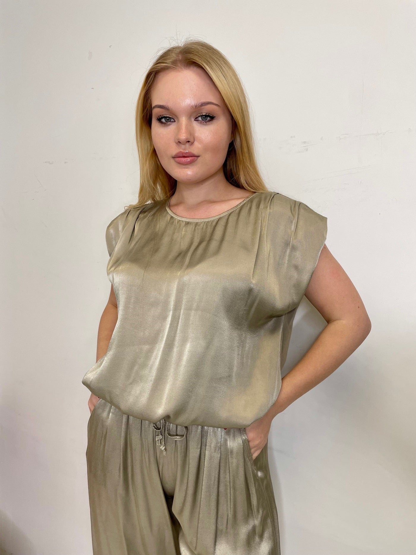 The Pink Door Satin Garterized Waist Top - Taupe