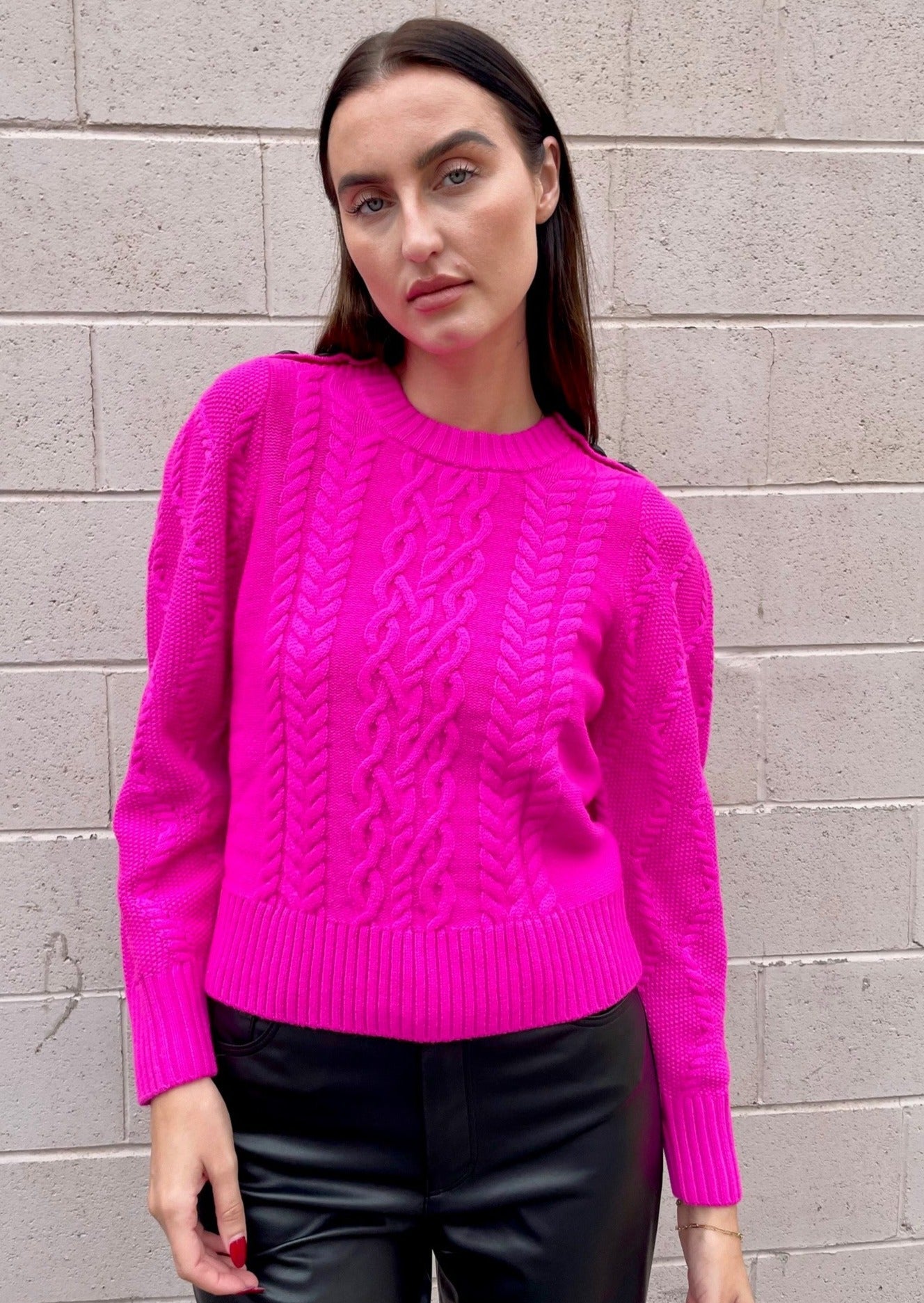 Generation Love Brooks Cable Sweater w/ Button Detail - Hot Pink