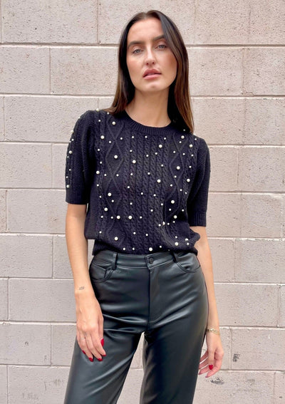 The Pink Door S/S Sweater w/ Pearl Detail - Black