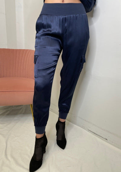 The Pink Door Soft Satin Joggers - Navy