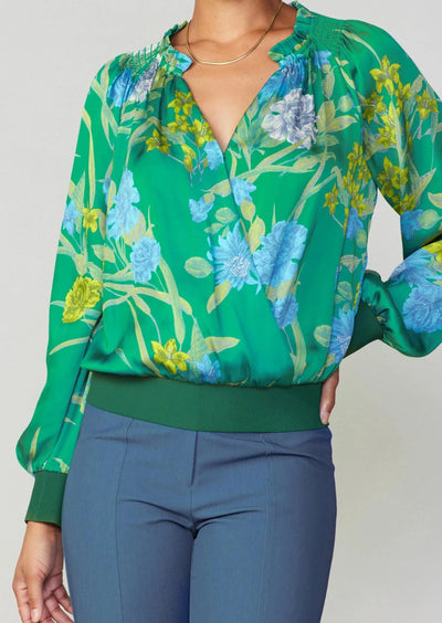 The Pink Door Floral Print Surplice Blouse - Green