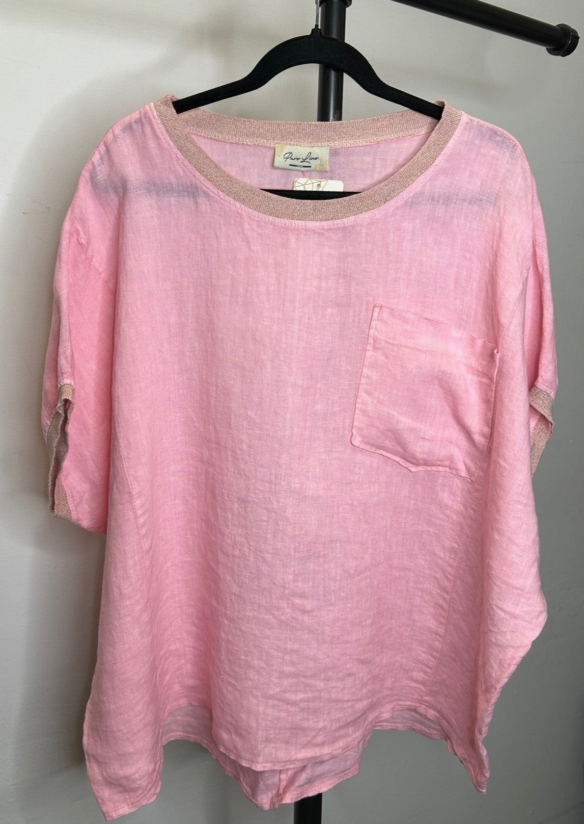 The Pink Door Oversized Linen Top w/ Gold Trim Detail - Pink