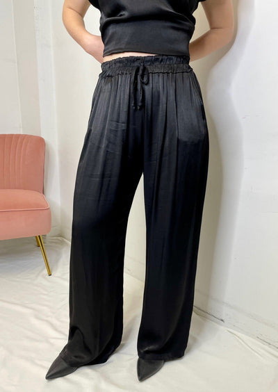 The Pink Door Satin Wide Leg Pants - Black