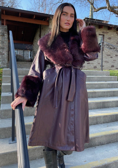 Jakke Bailey Faux Leather Fur Trim Coat - Burgundy