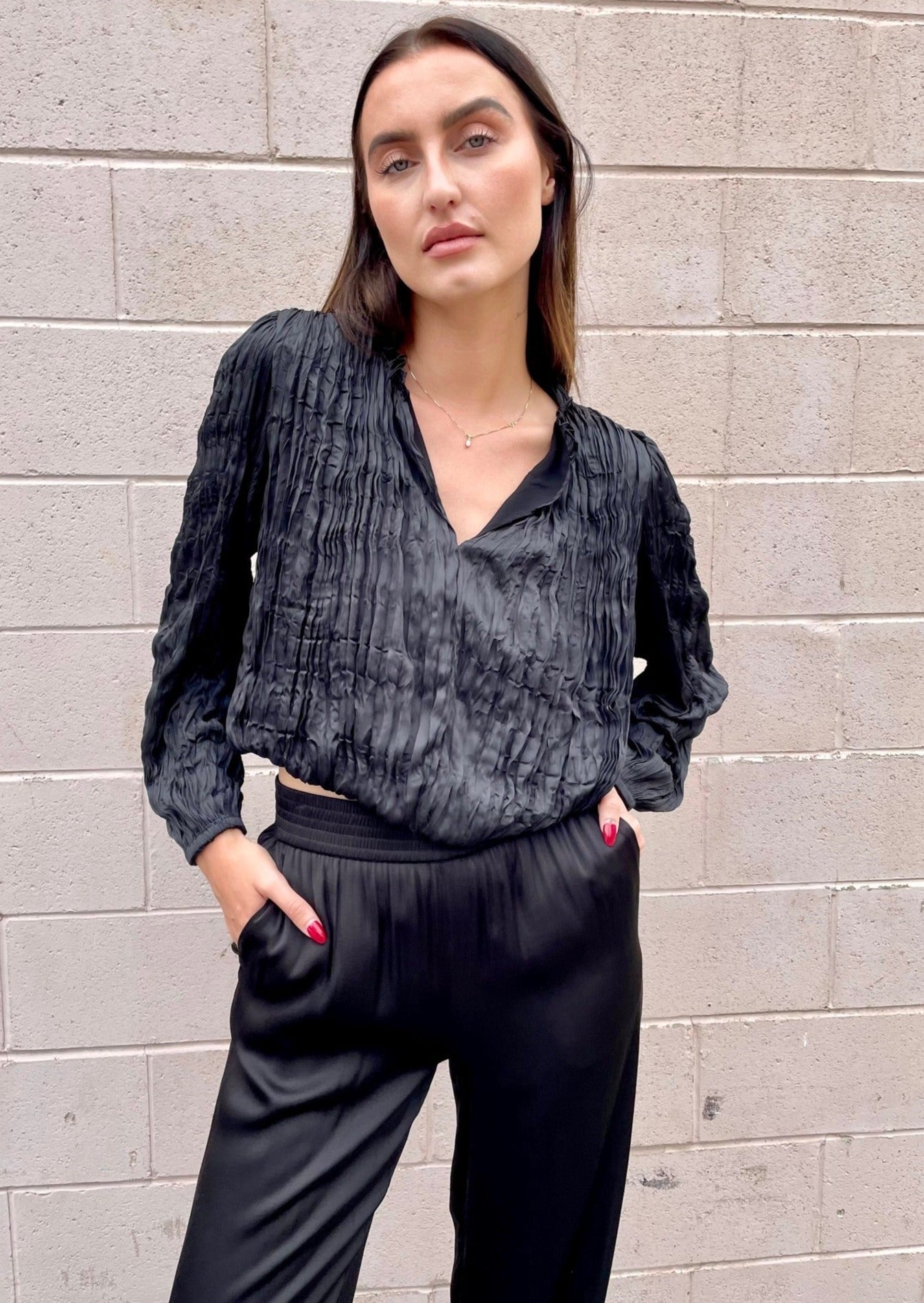 The Pink Door Crushed Pleats Silky Top - Black