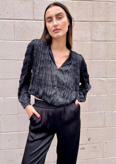 The Pink Door Crushed Pleats Silky Top - Black