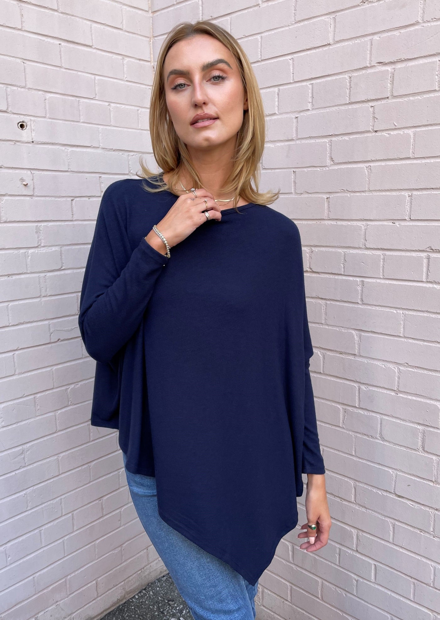 Stark X Soft Solid Asymmetrical V Neck Top - Navy