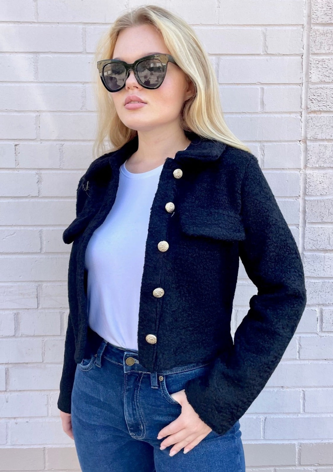 Wool Look Jacket w/ Gold Buttons - Black