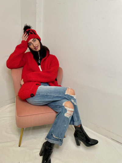 GOGO Long Heart “Snow” Wool Cardi - Fiery Red/Black