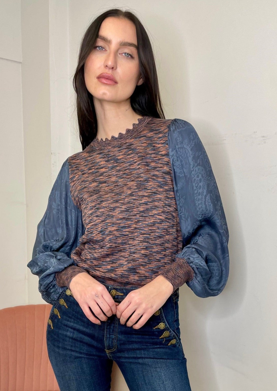 The Pink Door Paisley Print Sleeve Sweater - Navy