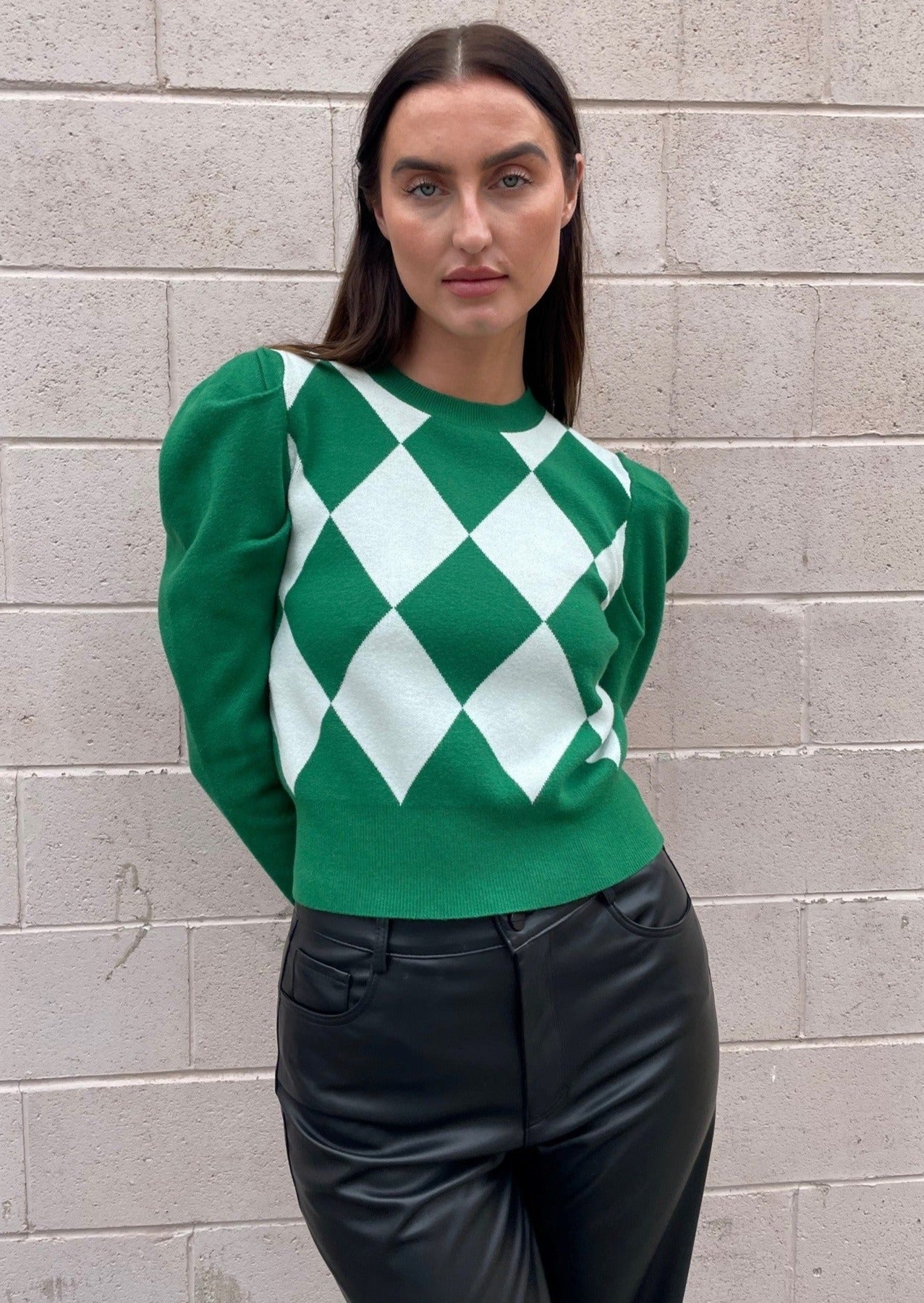 The Pink Door Diamond Checker Sweater - Green