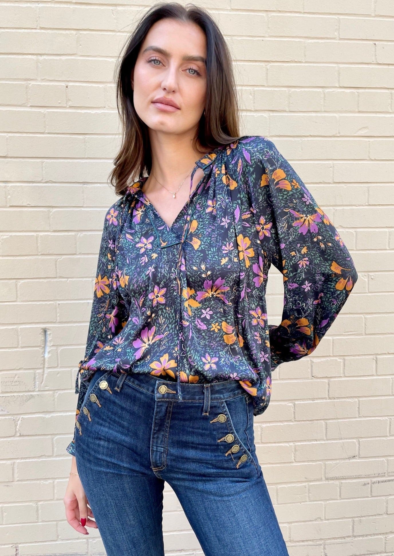 The Pink Door Floral Print Blouse - Black