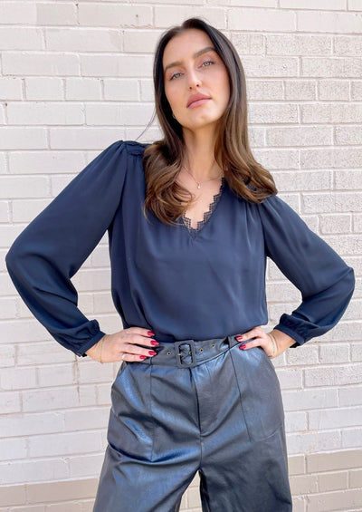 The Pink Door Lace Trim V-Neck Blouse - Navy
