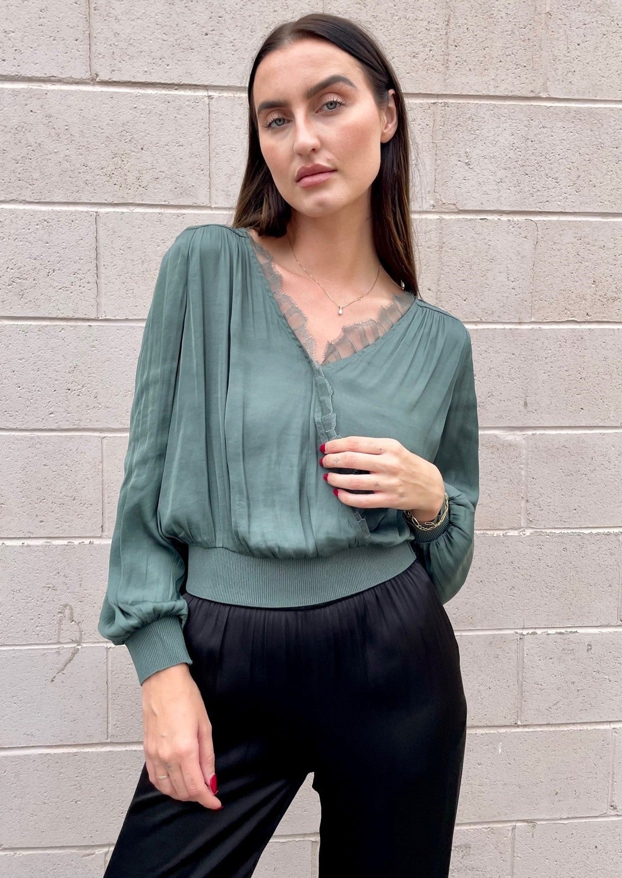 The Pink Door Crossover Blouse w/ Lace - Green