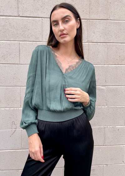 The Pink Door Crossover Blouse w/ Lace - Green