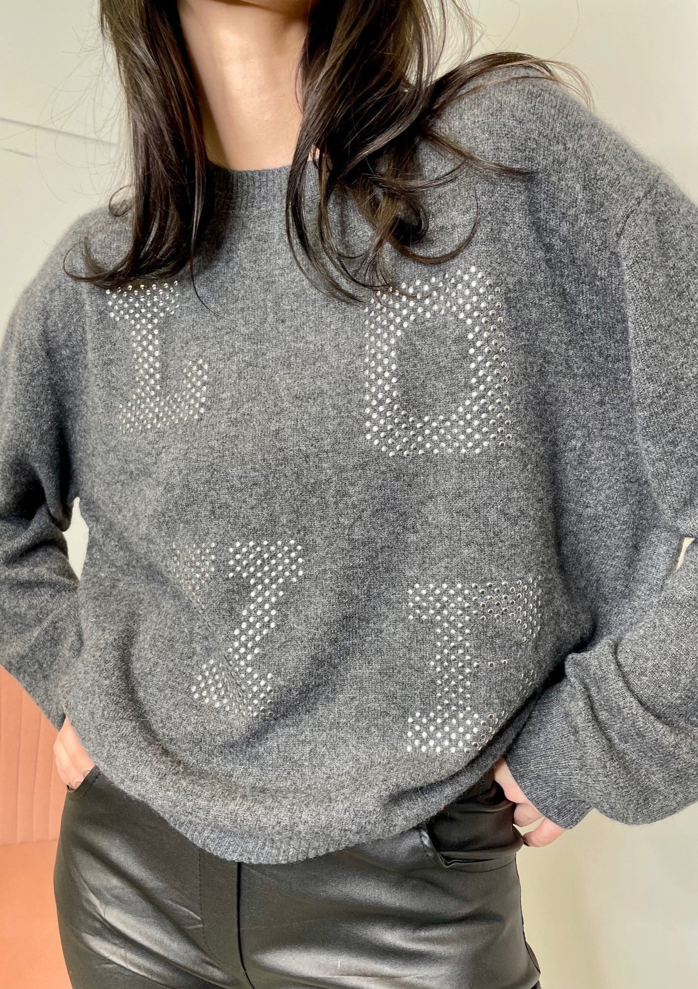 Brodie “Love” Stud Crew Sweater - Grey