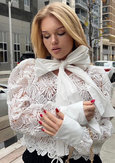 The Pink Door Lace Blouse w/ Bow Tie - White