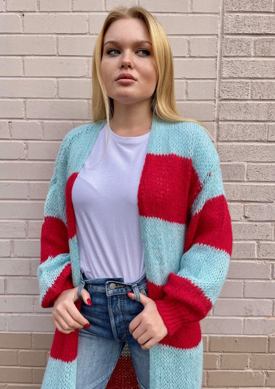 The Pink Door Striped Duster - Sky/Red