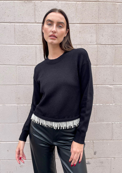 The Pink Door Sweater w/ Pearl Fringe Detail - Black