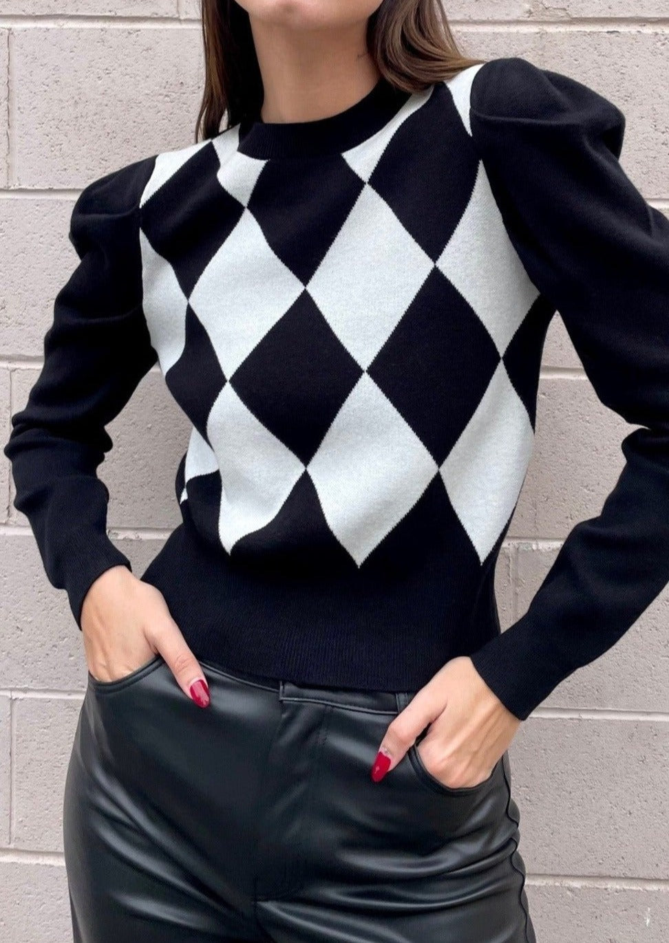 The Pink Door Diamond Checker Sweater - Black