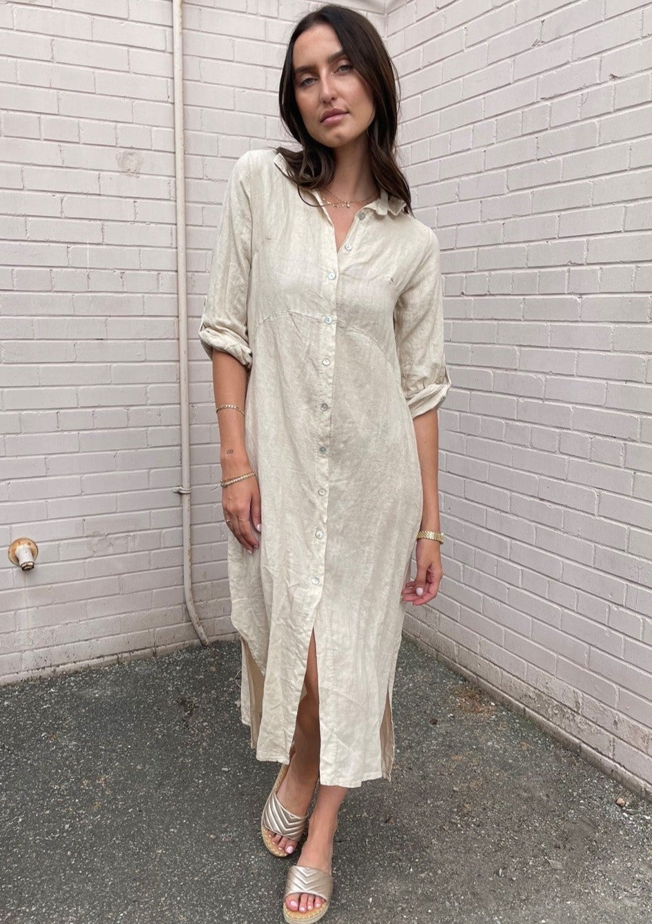 The Pink Door Long Linen Shirt Dress - Natural