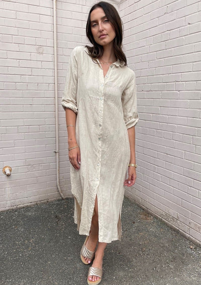 The Pink Door Long Linen Shirt Dress - Natural