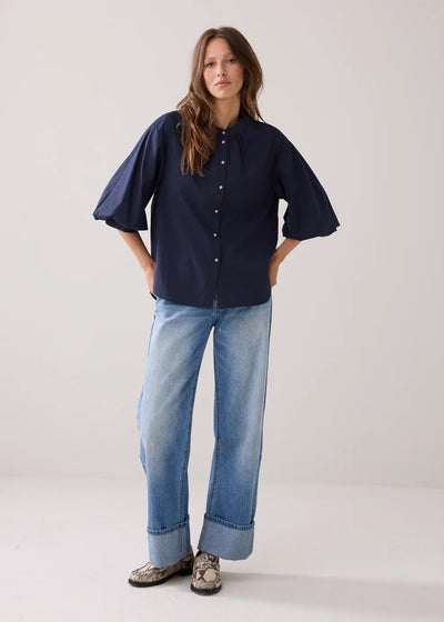 SUMMUM Blouson Sleeve Crystal Buttons Blouse Navy