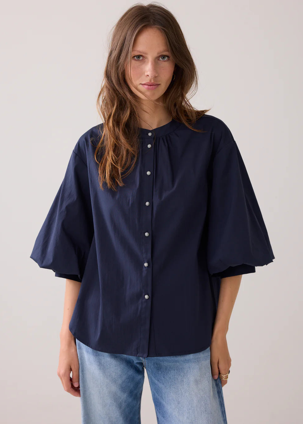 SUMMUM Blouson Sleeve Crystal Buttons Blouse Navy