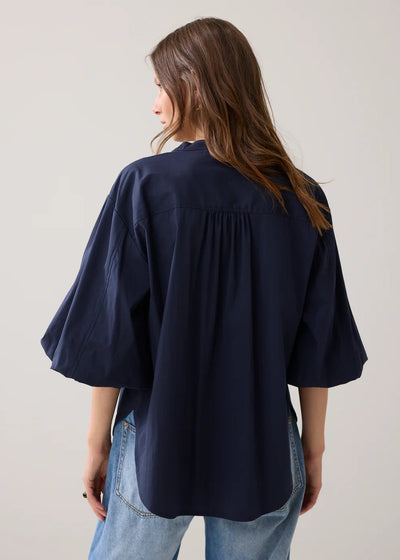 SUMMUM Blouson Sleeve Crystal Buttons Blouse Navy