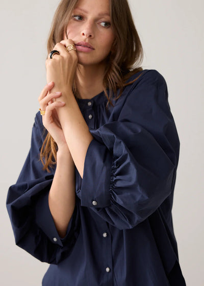 SUMMUM Blouson Sleeve Crystal Buttons Blouse Navy