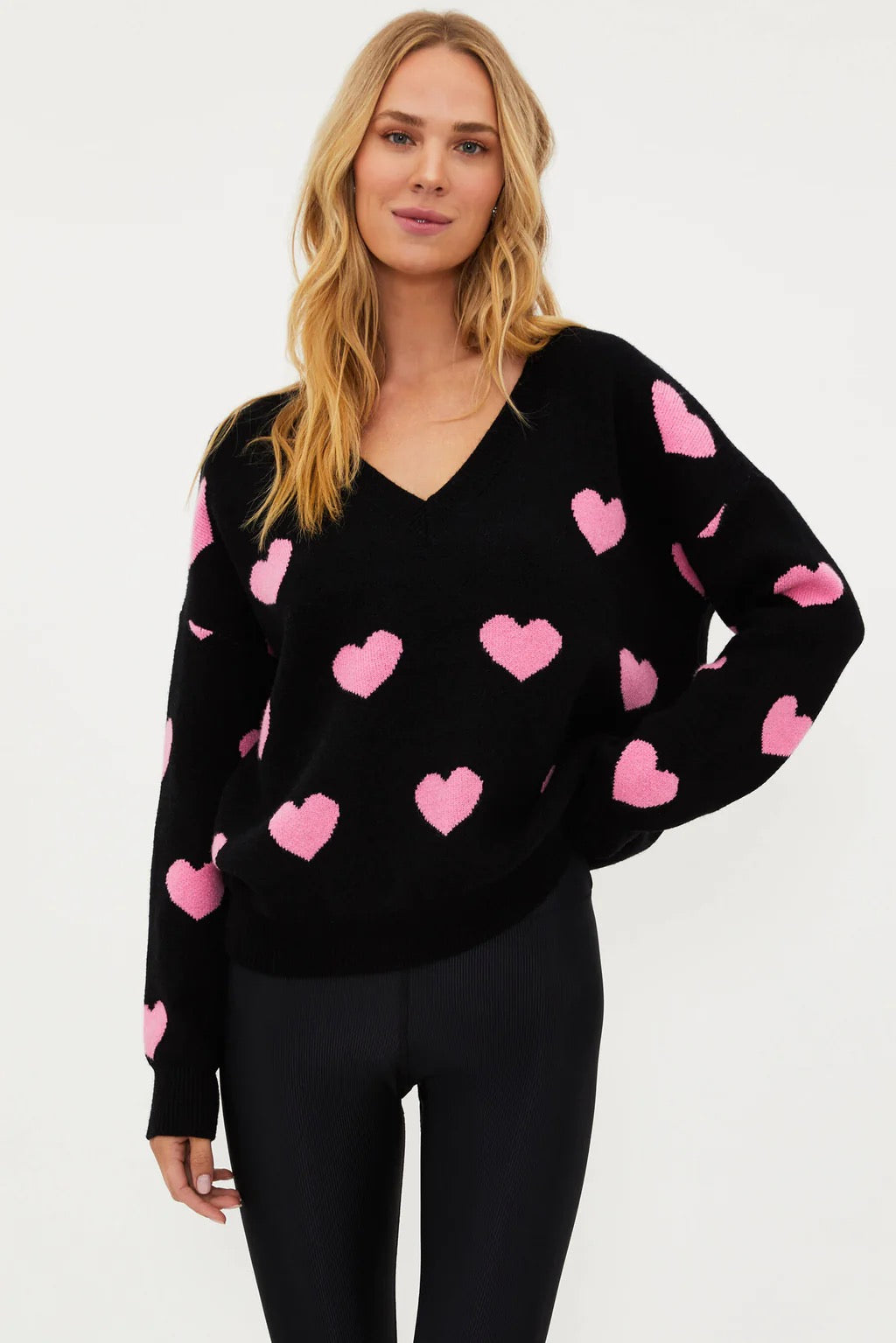 Beach Riot Joey Oversized Sweater w/ Pink Hearts - Black