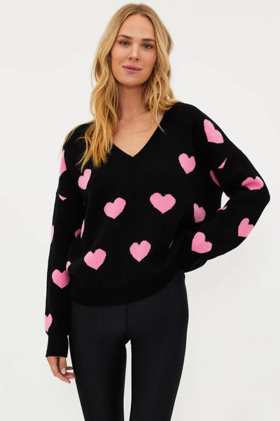 Beach Riot Joey Oversized Sweater w/ Pink Hearts - Black