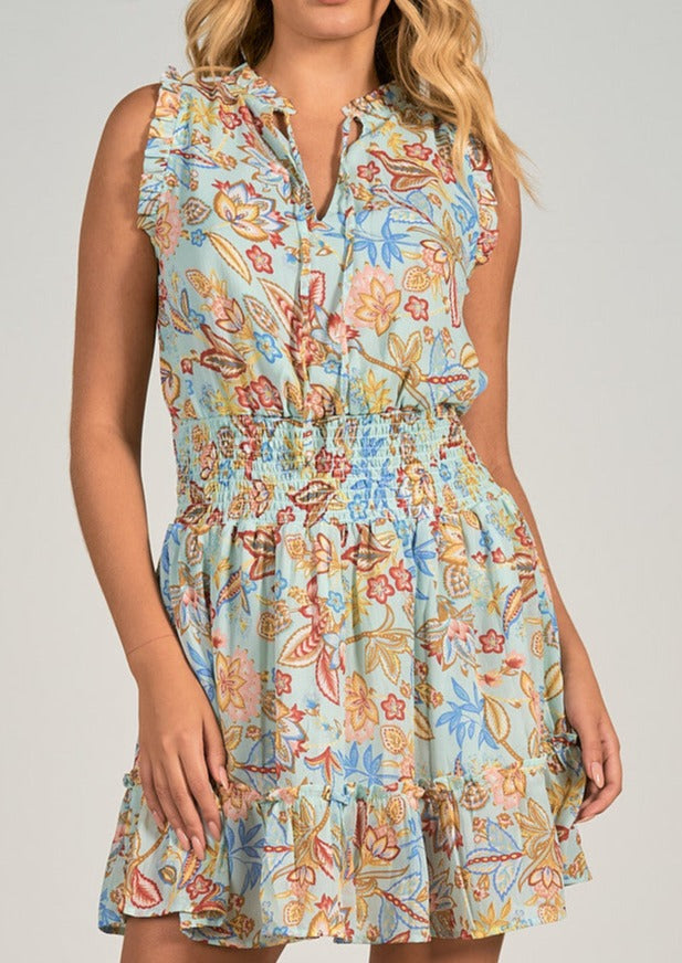 Elan S/S Smock Waist Print Dress - Blue Melrose