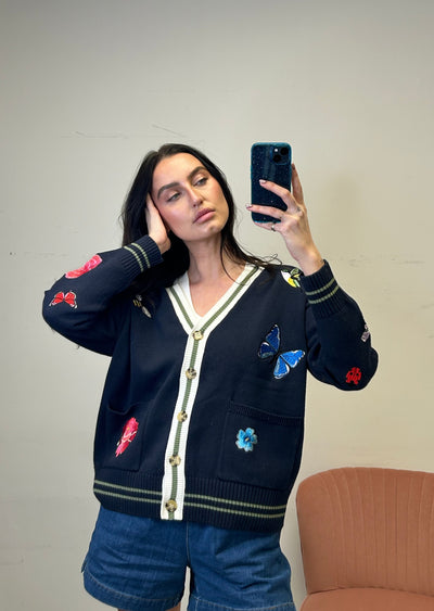 MINNIE ROSE Oversized Cardigan w/ Colourful Patches - Navy
