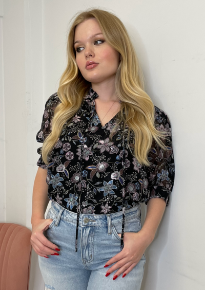The Pink Door Floral Print Blouse - Black