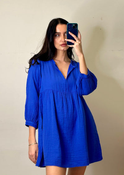 Stark X Cotton Gauze Lacey L/S Short Dress - Amparo Blue