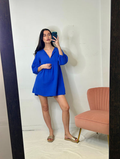 Stark X Cotton Gauze Lacey L/S Short Dress - Amparo Blue