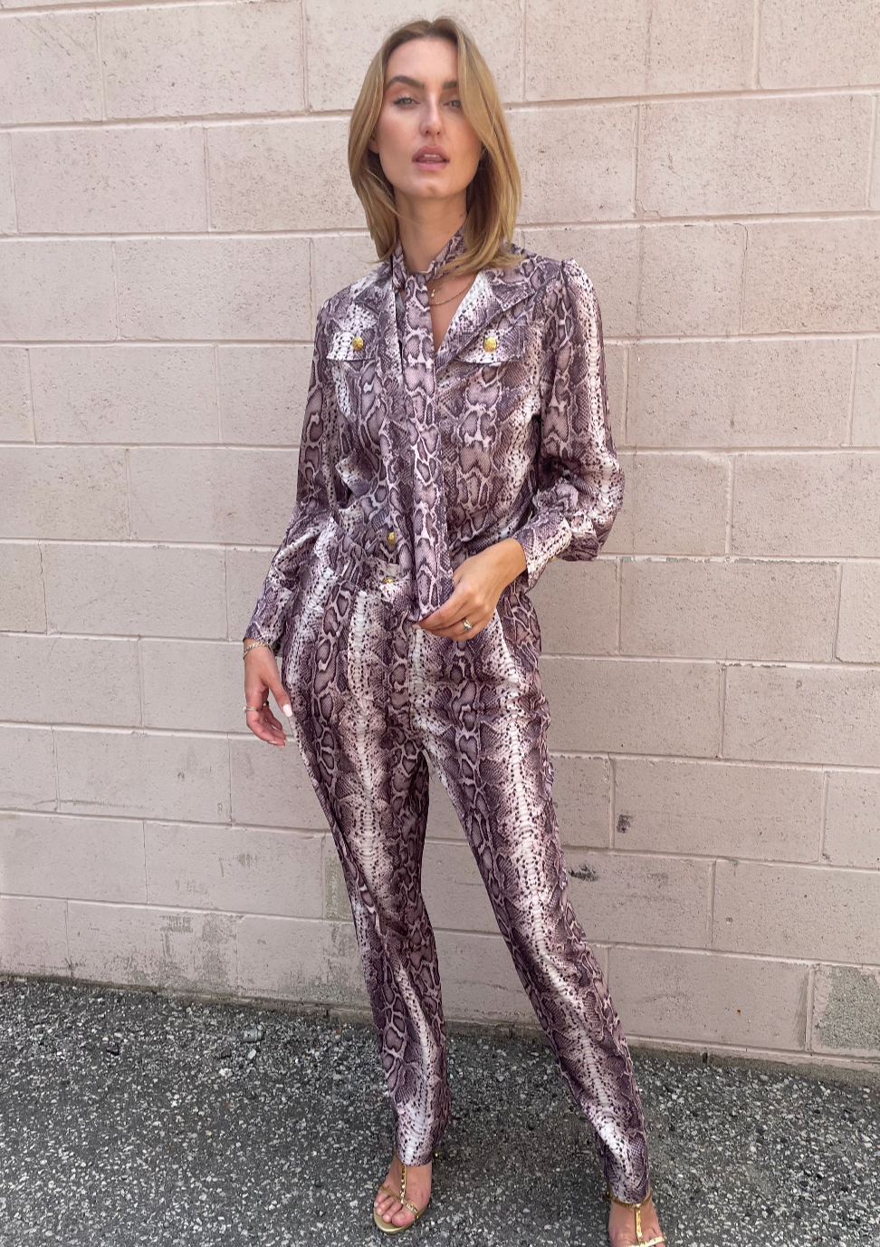 The Pink Door Python Print Pants w/ Gold Button
