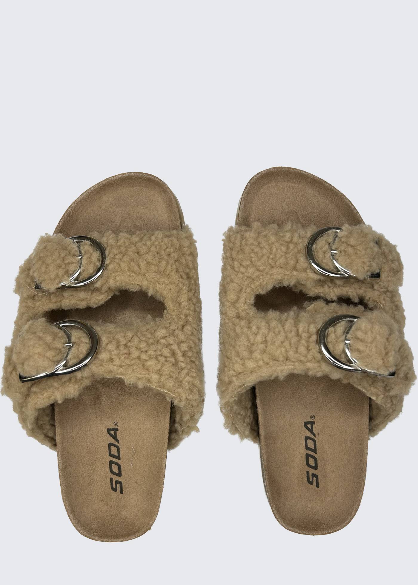 The Pink Door Faux Fur Slides - Tan