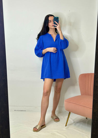 Stark X Cotton Gauze Lacey L/S Short Dress - Amparo Blue