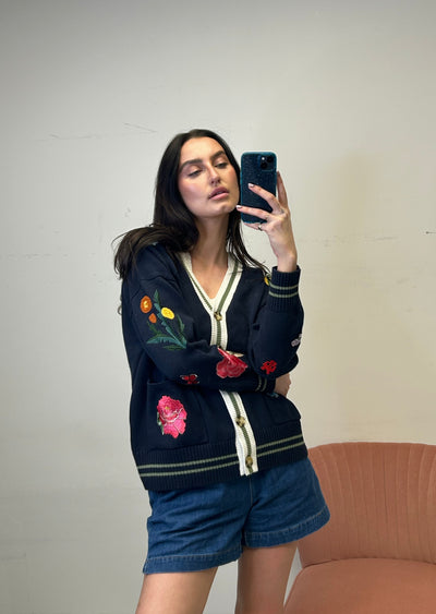 MINNIE ROSE Oversized Cardigan w/ Colourful Patches - Navy