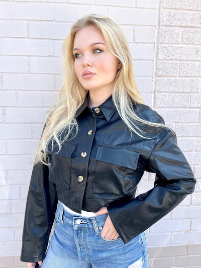 The Pink Door Cropped Faux Leather Jacket - Black
