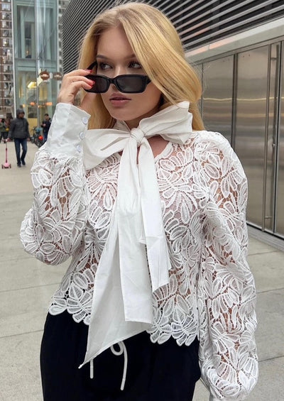 The Pink Door Lace Blouse w/ Bow Tie - White
