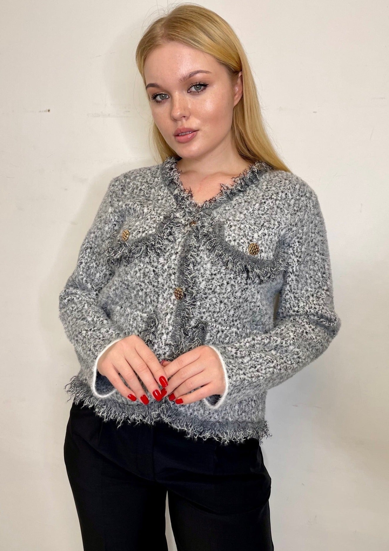 The Pink Door Fray Finish Short Cardigan - Grey